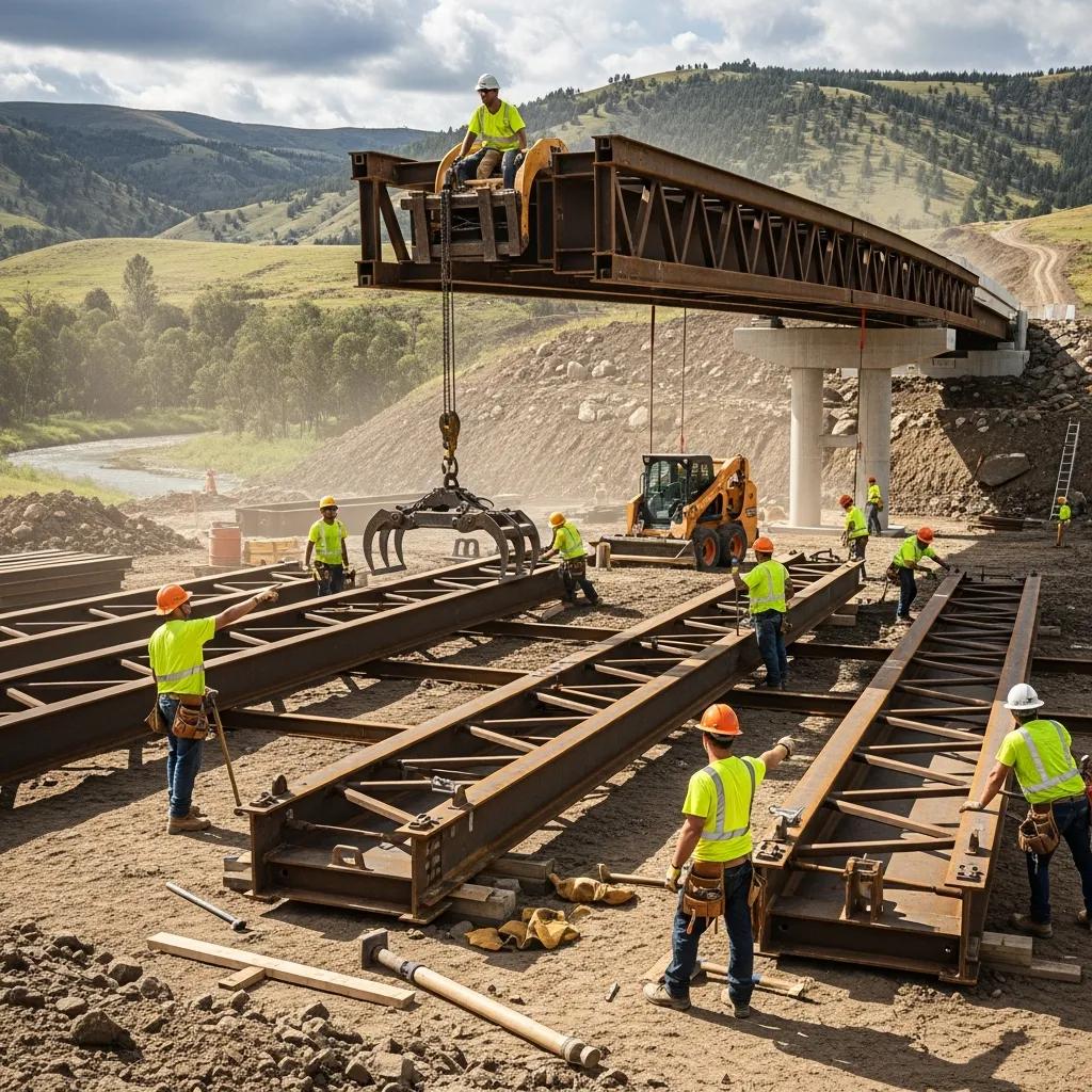 Construction workers assembling a modular bridge on-site, with cranes and heavy machinery in a mountainous landscape.