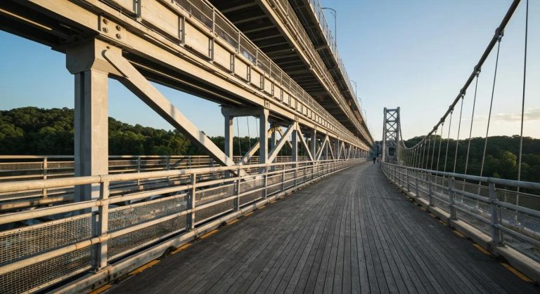 Temporary bridge showcasing innovative design and construction, featuring a wooden walkway and steel framework, surrounded by greenery, emphasizing flexibility and efficiency in engineering projects.