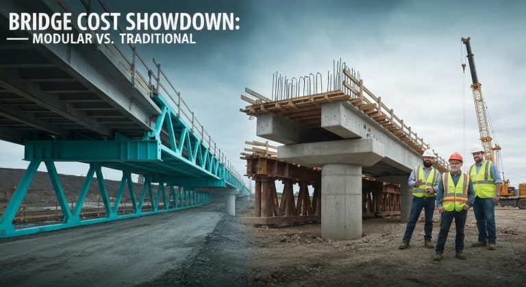Bridge cost showdown featuring modular and traditional temporary bridge solutions, construction workers in safety vests and hard hats, showcasing engineering and design differences.