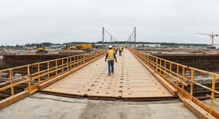Construction workers in safety vests walking on a temporary bridge at a construction site, surrounded by machinery and building materials.