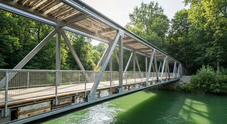 Eco-friendly stress-laminated timber bridge spanning a green river, surrounded by lush trees, showcasing sustainable design for temporary bridge solutions.