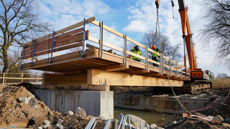 Temporary stress-laminated timber bridge being installed with construction workers and crane, illustrating infrastructure solutions for oil and gas industries.