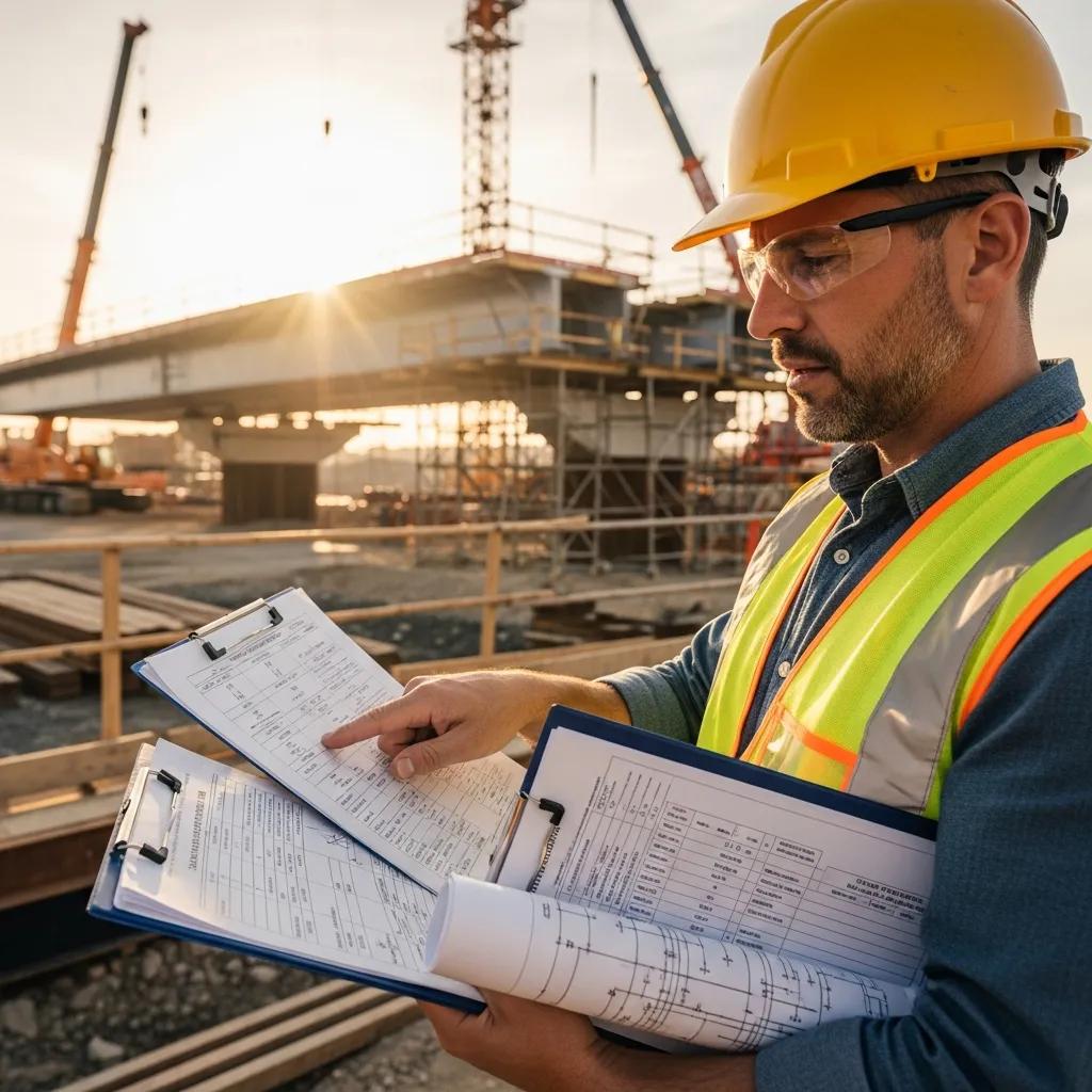 Engineer assessing safety standards and load ratings for temporary bridge construction, reviewing documentation on-site, with cranes and scaffolding in the background.