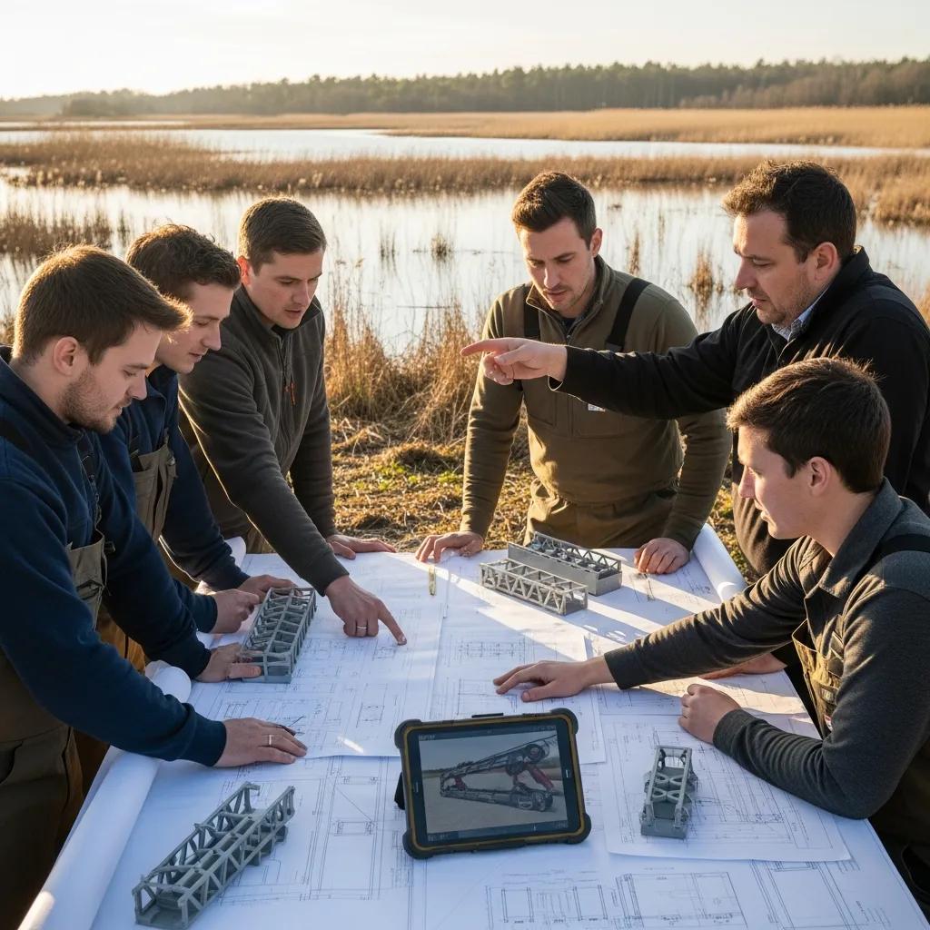 Engineering team discussing temporary bridge design with blueprints in a wetland setting