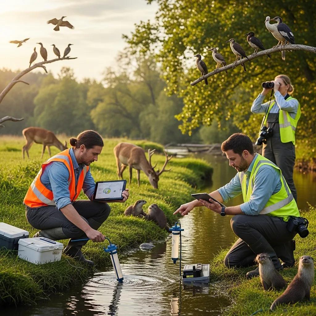Engineers conducting an environmental assessment near a river