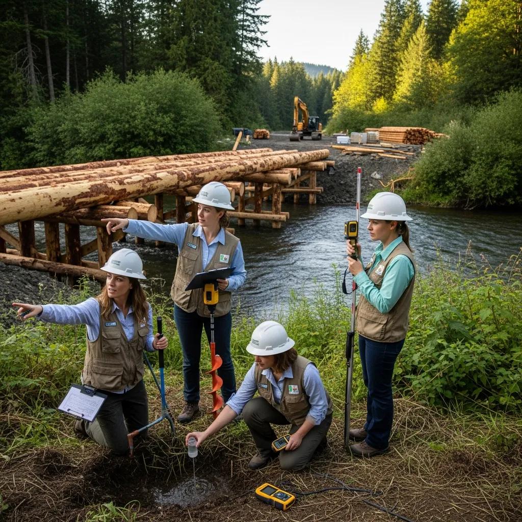 Environmental impact assessment near a timber bridge, showcasing professionals and ecosystem