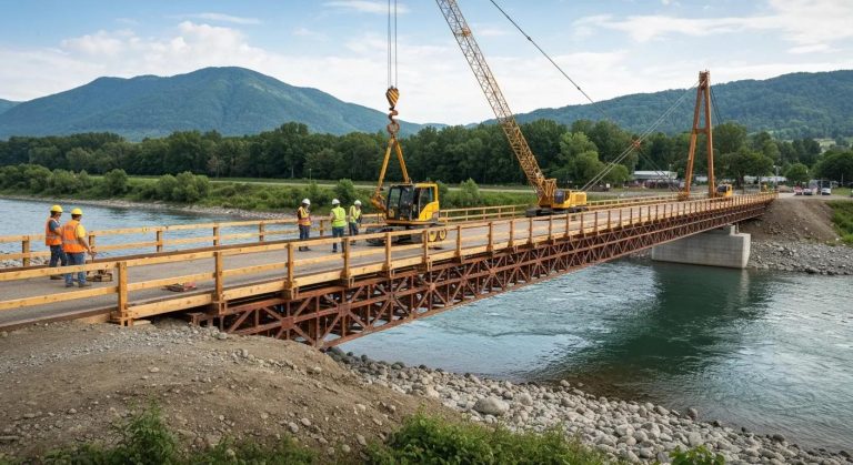 Temporary timber bridge installation over a river with construction workers and machinery, showcasing customizable bridge solutions for industrial projects.