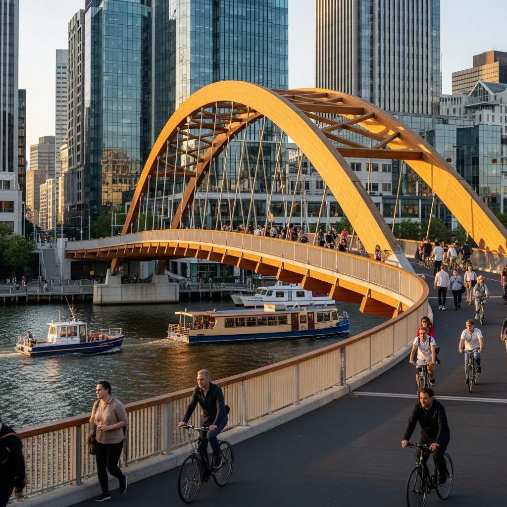 Glulam bridge in urban setting with pedestrians, showcasing versatility and strength