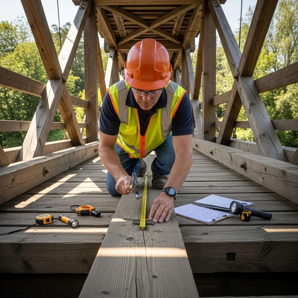 Inspector examining the deck condition of a timber bridge during a visual inspection