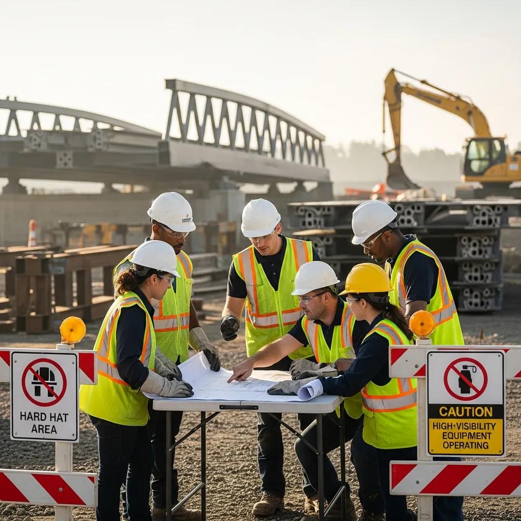 Installation crew discussing safety protocols at temporary bridge site, wearing hard hats and high-visibility vests, reviewing blueprints on table, construction equipment in background.