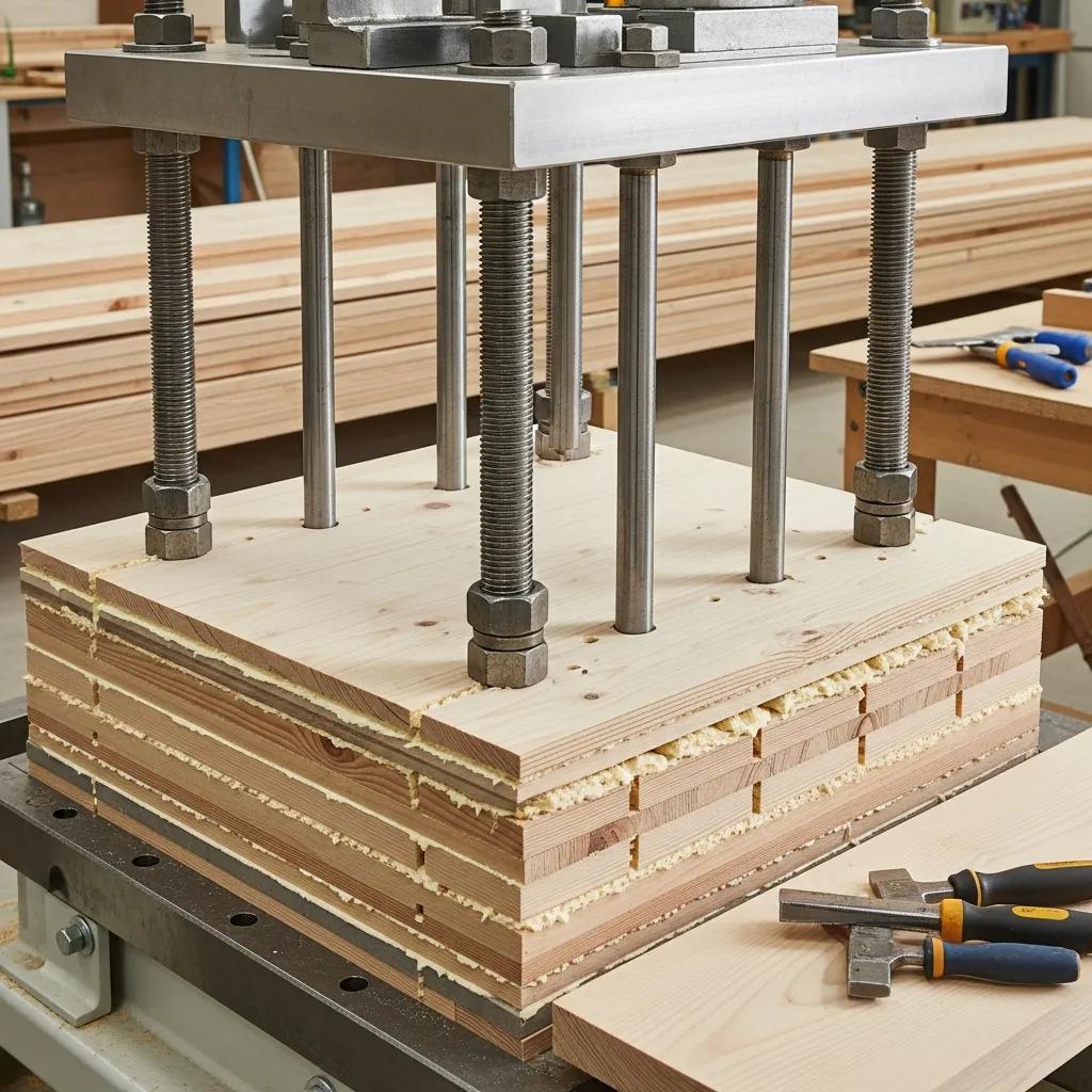 Lamination process of stress-laminated timber with layers compressed by steel rods in a workshop setting.