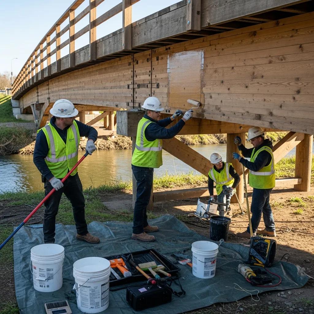 Maintenance crew applying moisture protection to a timber bridge, showcasing best practices