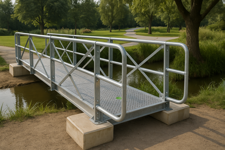 Temporary pedestrian bridge over a small stream, featuring a metal frame and safety railings, set in a park-like environment.