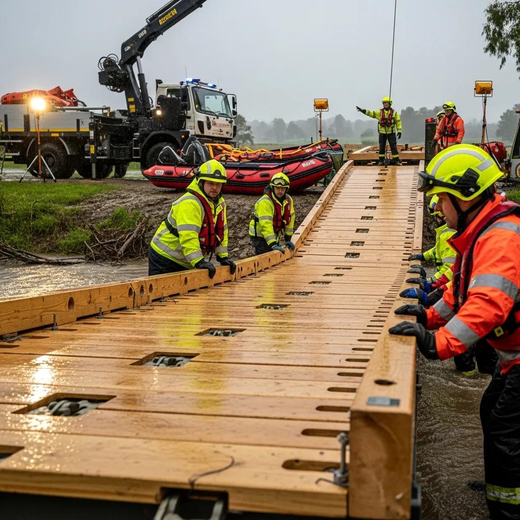 Portable timber bridge being deployed in an emergency, highlighting rapid installation and response