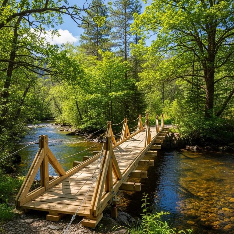 Portable timber bridge crossing a stream in a lush green forest, showcasing innovative design and accessibility for low-volume roads and remote sites.