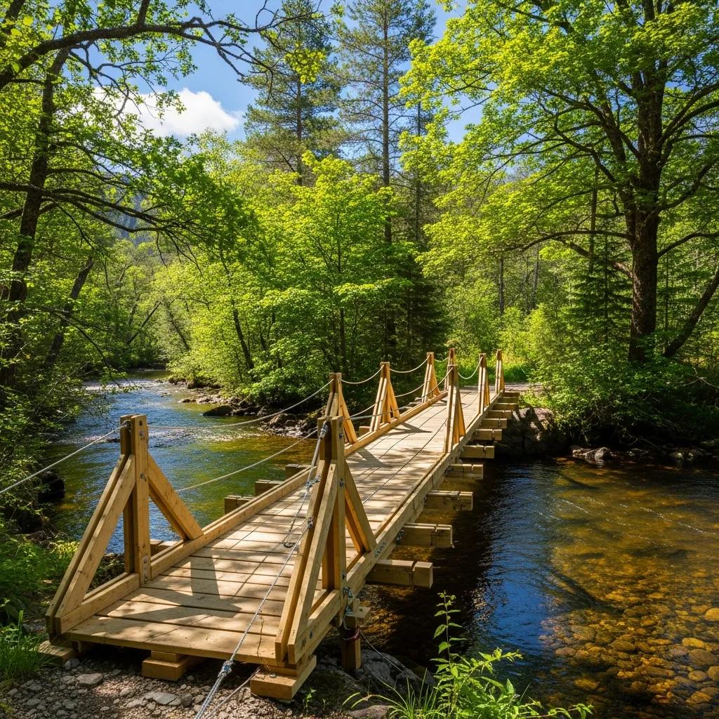 Portable timber bridge in a remote area, highlighting its innovative design and accessibility