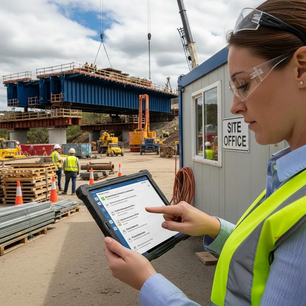 Project manager reviewing a compliance checklist at a construction site