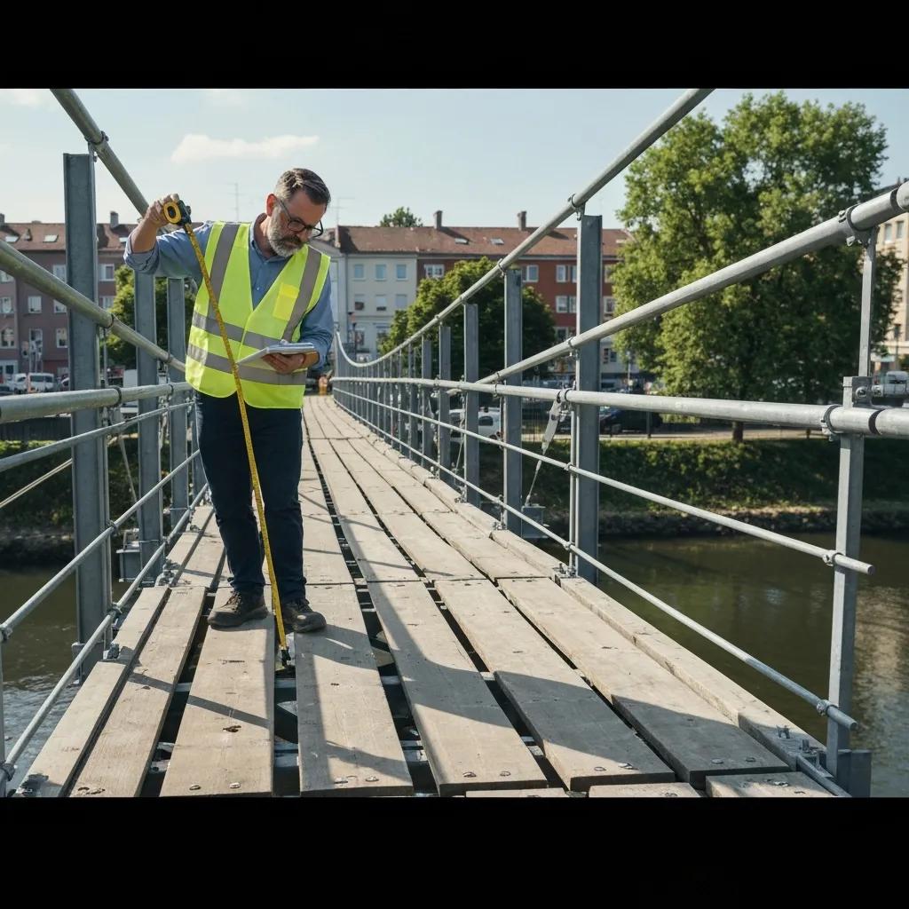Safety inspector measuring load capacity on a temporary bridge, wearing a high-visibility vest, with a notepad in hand, ensuring structural integrity for compliance with engineering standards.