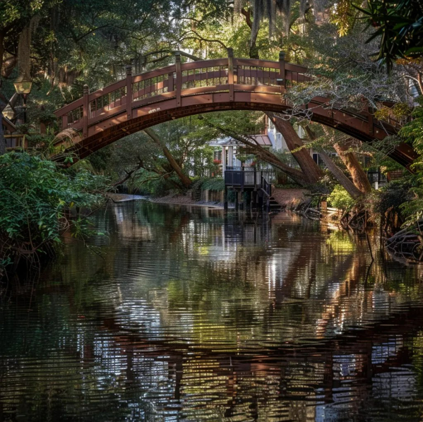 Timber bridge arching over serene waterway surrounded by lush greenery, reflecting natural beauty and craftsmanship, relevant to E&H Manufacturing's timber bridge offerings.