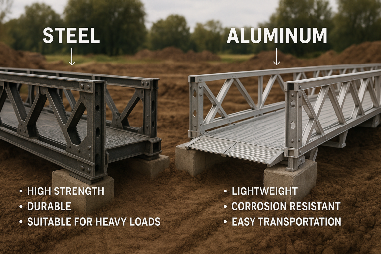 Steel and aluminum temporary bridges comparison, highlighting steel's high strength and durability versus aluminum's lightweight and corrosion-resistant features.