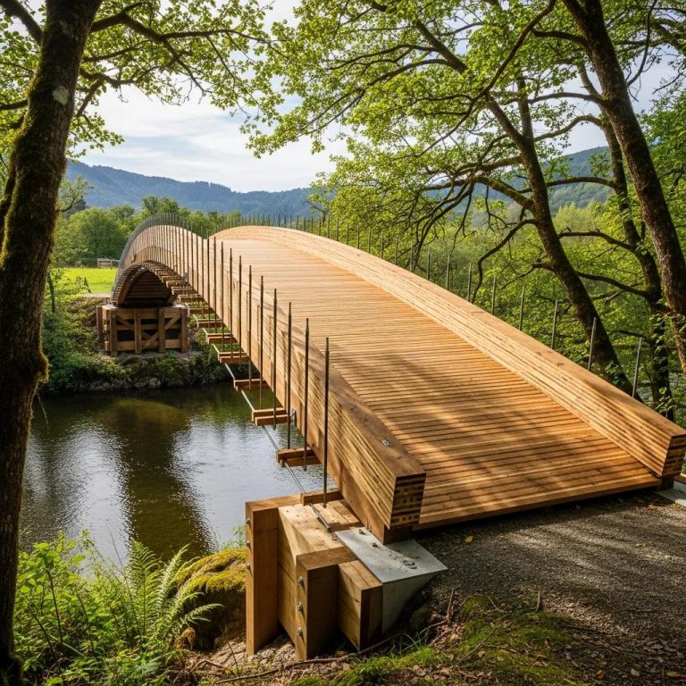 Stress laminated timber bridge in a natural setting, highlighting structural integrity and design