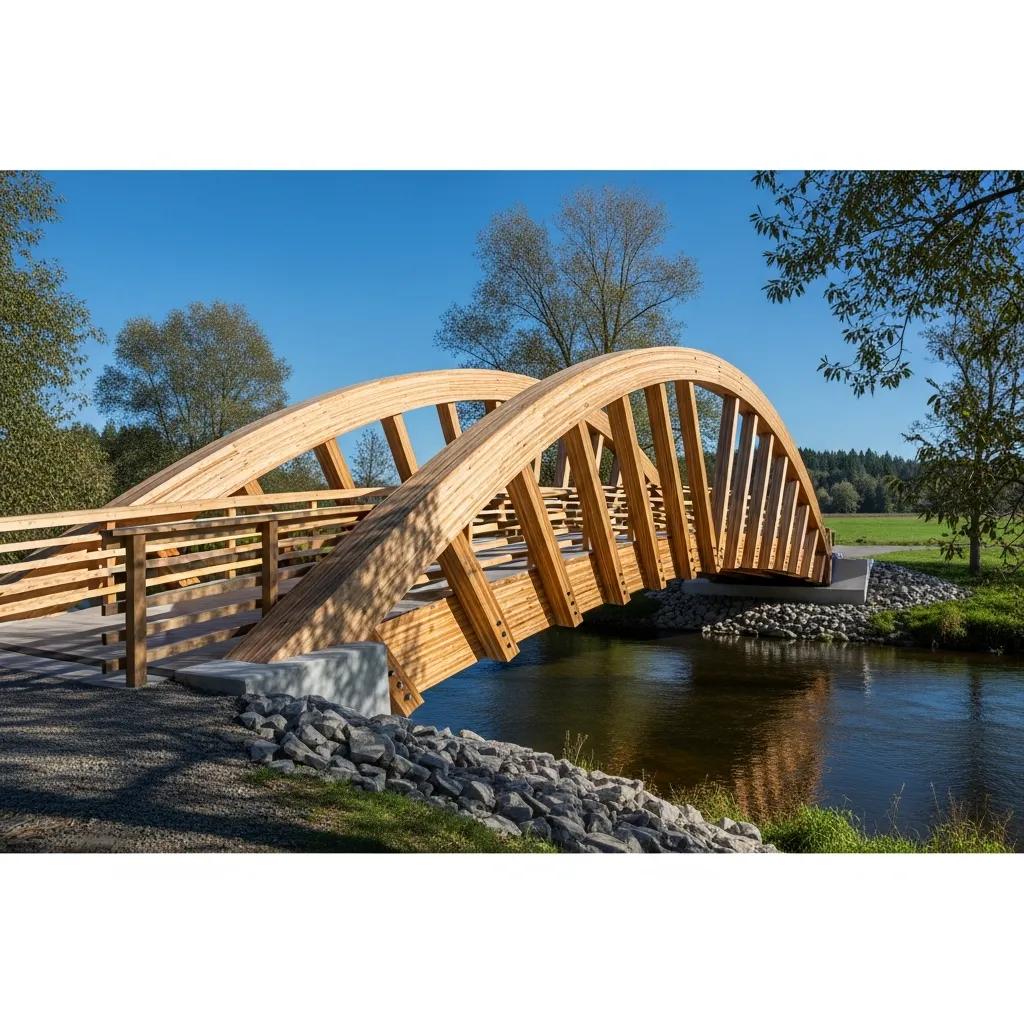 Stress-laminated timber bridge over a river, highlighting its sustainable design and natural materials