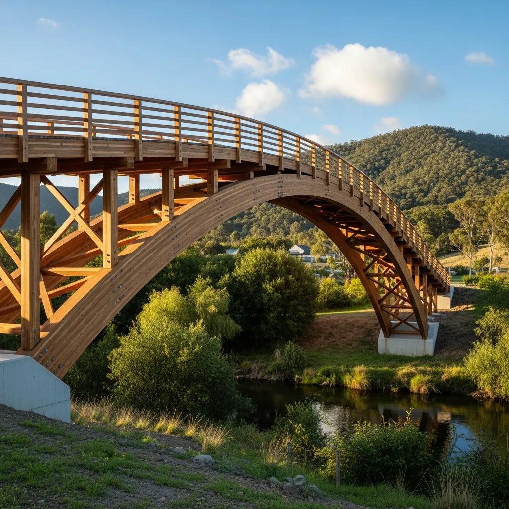Stress-laminated timber bridge showcasing strength and sustainability in a natural setting