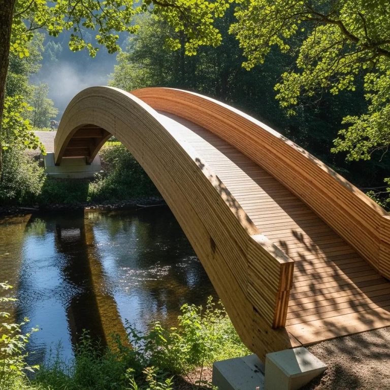 Stress laminated timber bridge showcasing structural elegance in a natural landscape