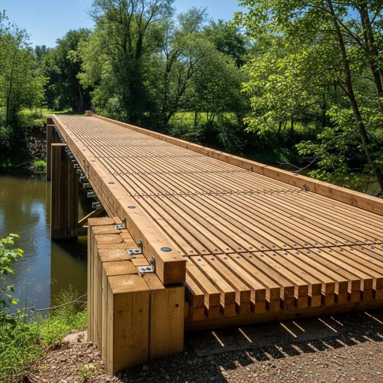 Stress-laminated timber bridge surrounded by nature, emphasizing durability and safety