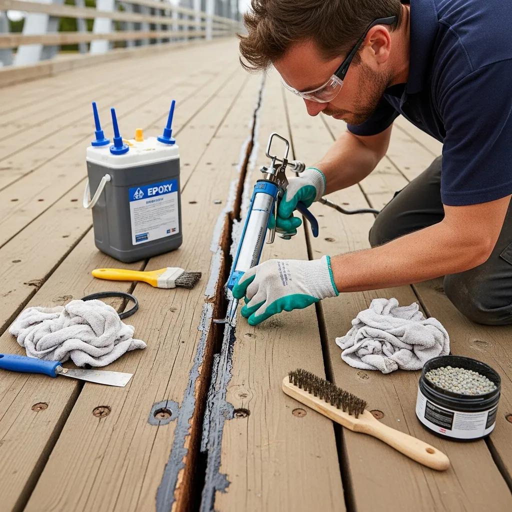 Technician applying epoxy to a stress-laminated timber deck, illustrating repair best practices