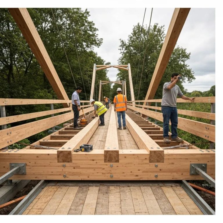 Temporary bridge construction with stress-laminated timber, showcasing teamwork and engineering, featuring workers assembling bridge components in a natural setting.