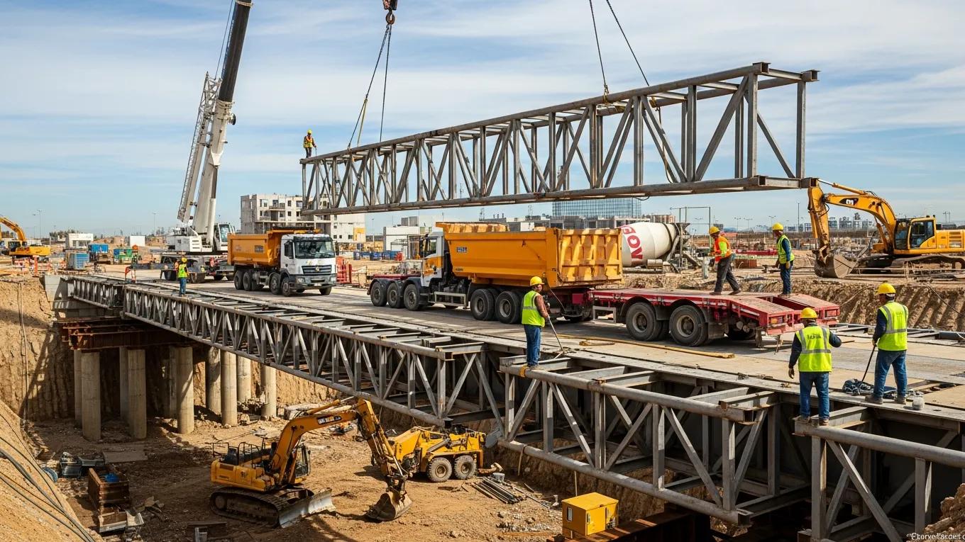 Temporary bridge installation over a construction zone with workers and machinery