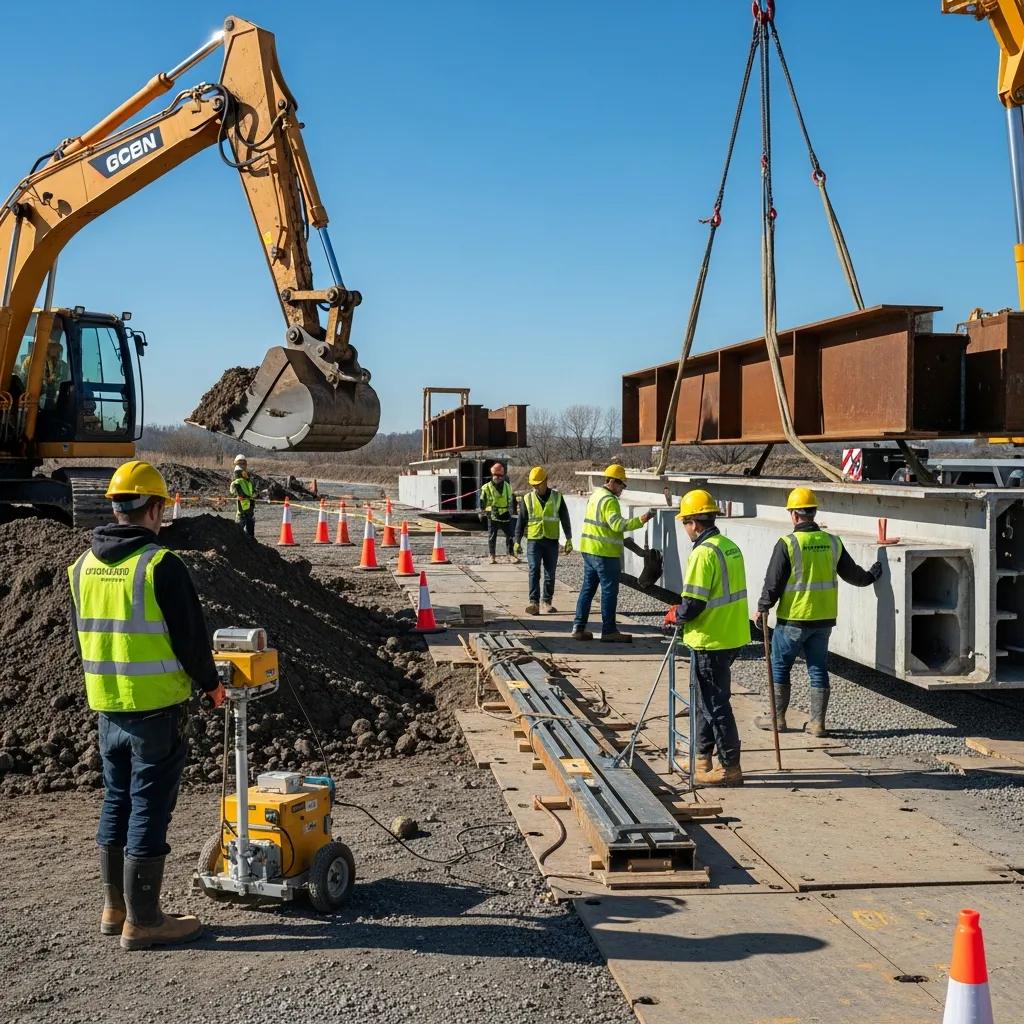 Temporary bridge installation site with workers and machinery