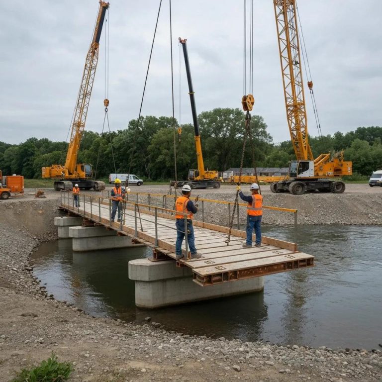 Construction workers installing a temporary bridge over a river with cranes, highlighting E&H Manufacturing's expertise in customizable bridge solutions.