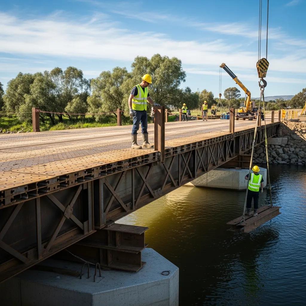 Temporary bridge over a river with construction workers, illustrating short-term access solutions