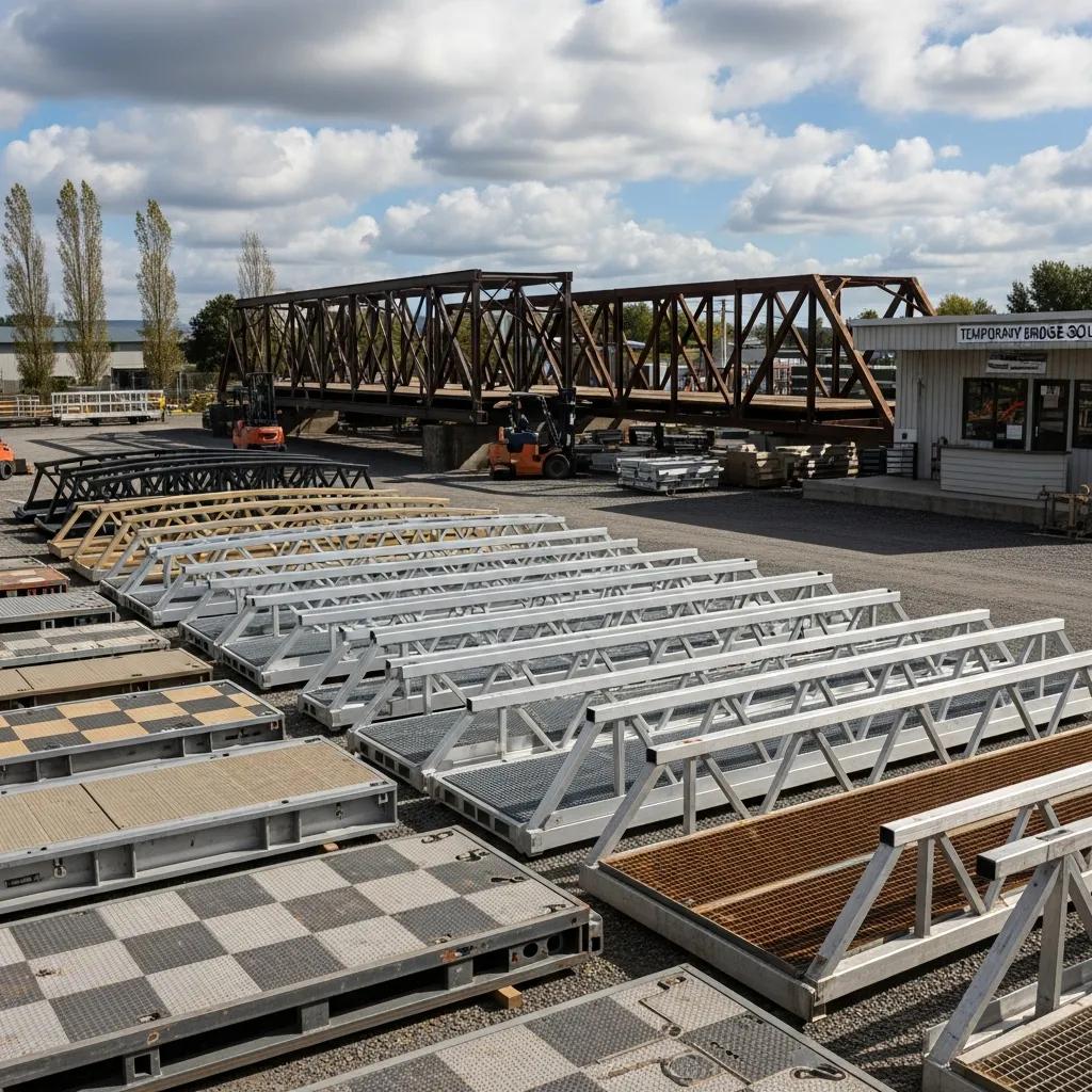 Temporary bridge rental yard showing various bridge systems and components available for projects