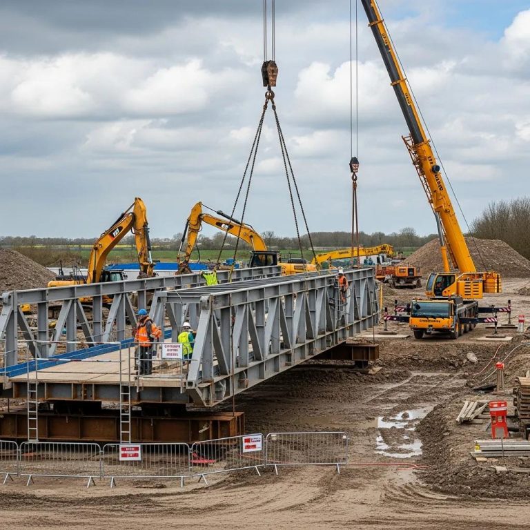 Construction site featuring a temporary bridge being installed with cranes and excavators, emphasizing load capacity and safety in engineering projects.