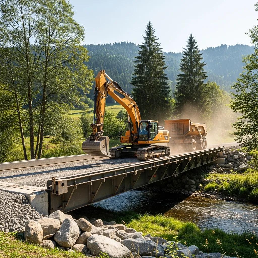 Excavator on temporary construction access bridge over creek with heavy equipment in natural landscape.
