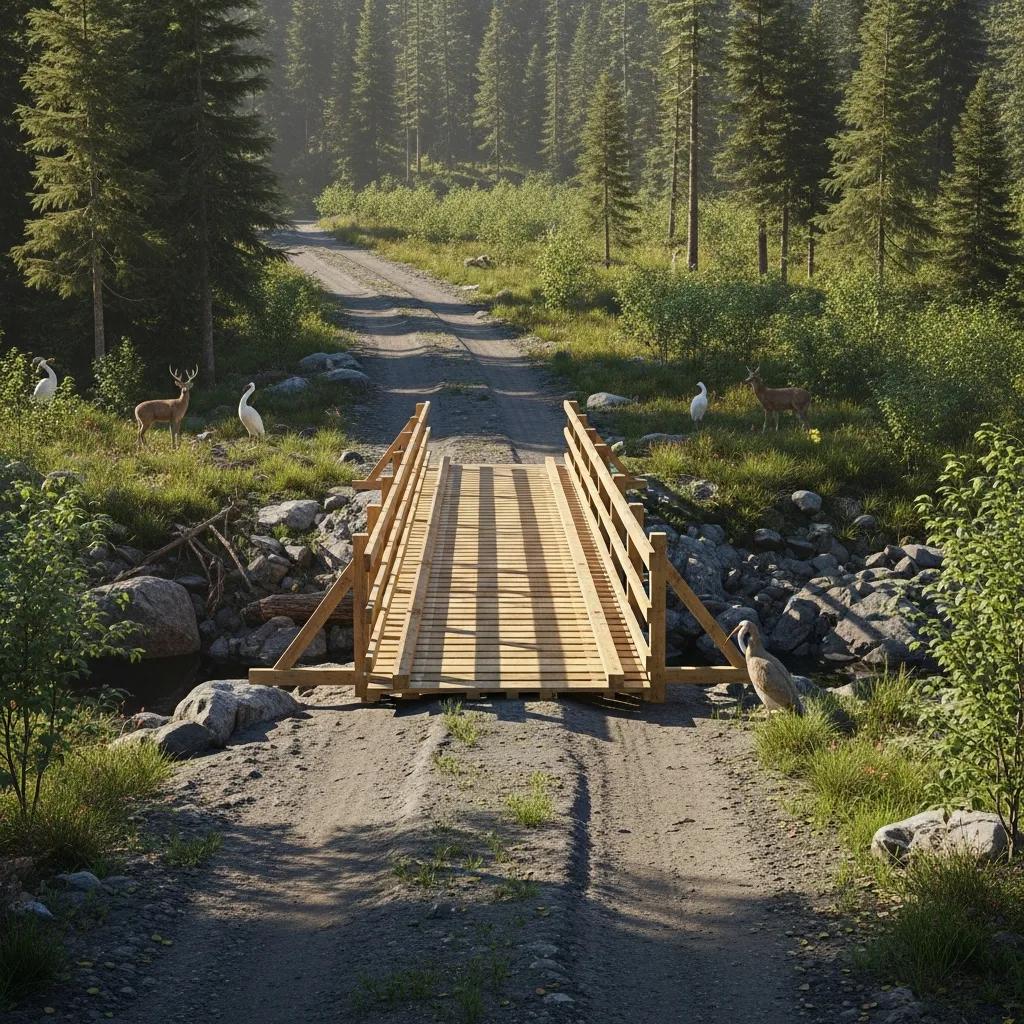Temporary logging bridge in active use, illustrating protection of stream banks and sustainable harvesting practices