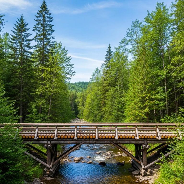 Temporary timber bridge over a stream in a forest, emphasizing environmental integration and safety for logging operations.
