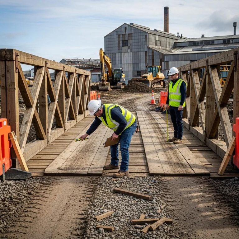 Workers inspecting a temporary timber bridge in an industrial setting, measuring dimensions and ensuring safety compliance for engineering projects.