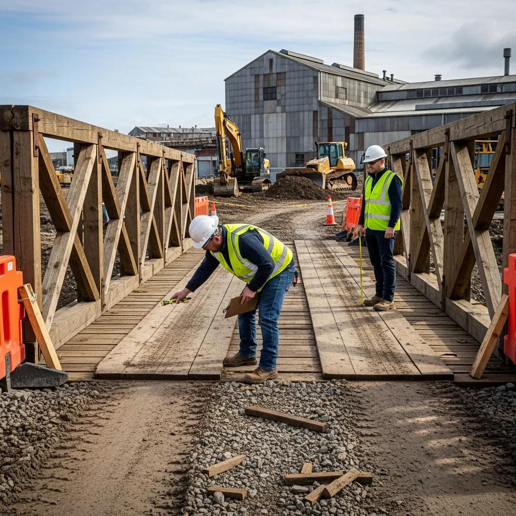 Temporary timber bridge being inspected by workers in an industrial environment