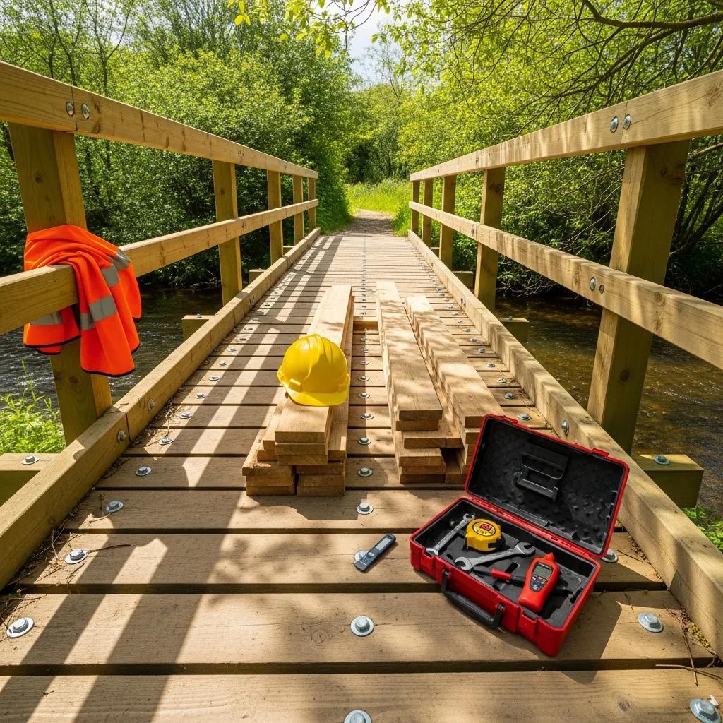 Temporary timber bridge in a natural setting, highlighting maintenance aspects