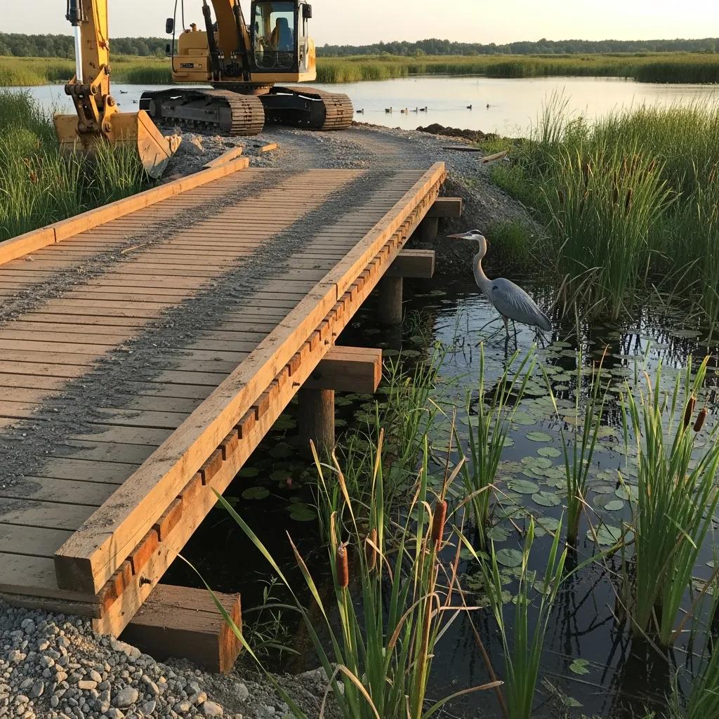 Temporary timber bridge in wetland showcasing its environmental benefits and integration with nature