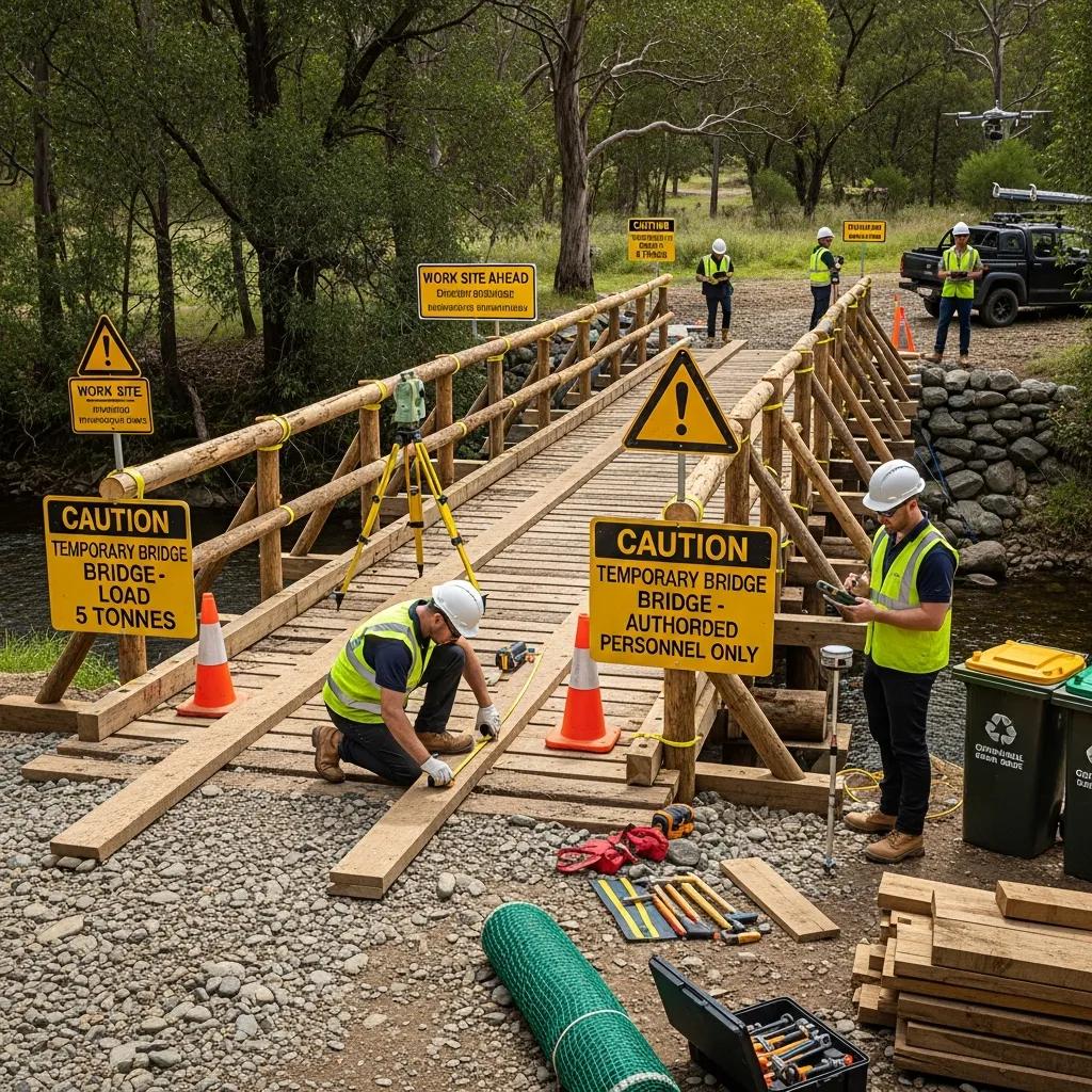 Temporary timber bridge with safety measures and workers conducting site assessment