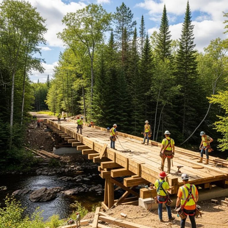 Timber bridge construction in a forest, highlighting workers and natural surroundings