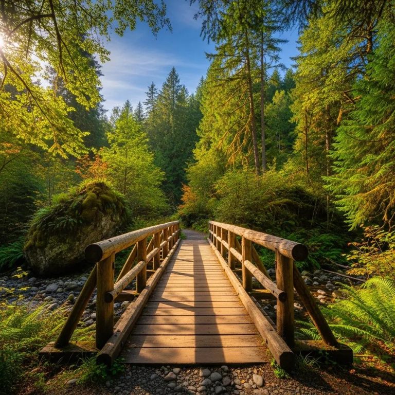 Timber bridge in a forest, highlighting its structural beauty and environmental integration