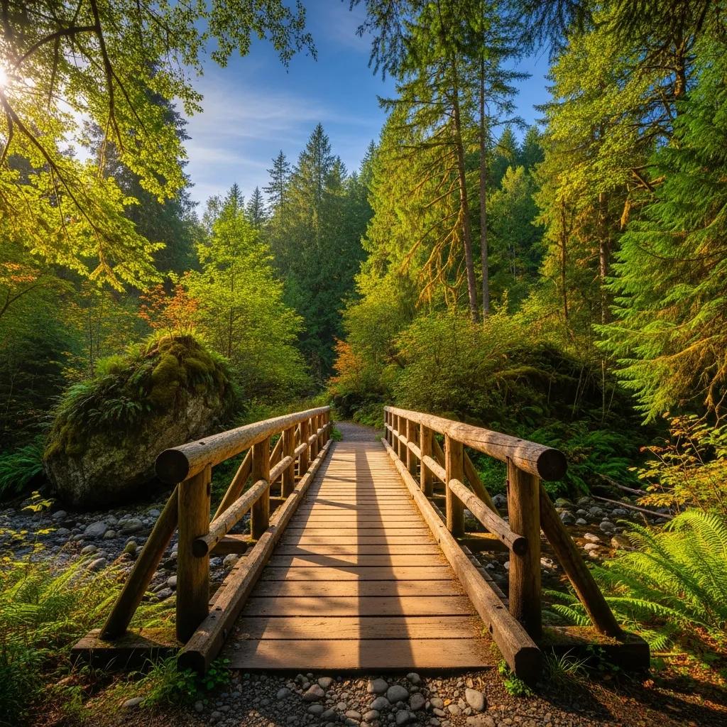 Timber bridge in a forest, highlighting its structural beauty and environmental integration