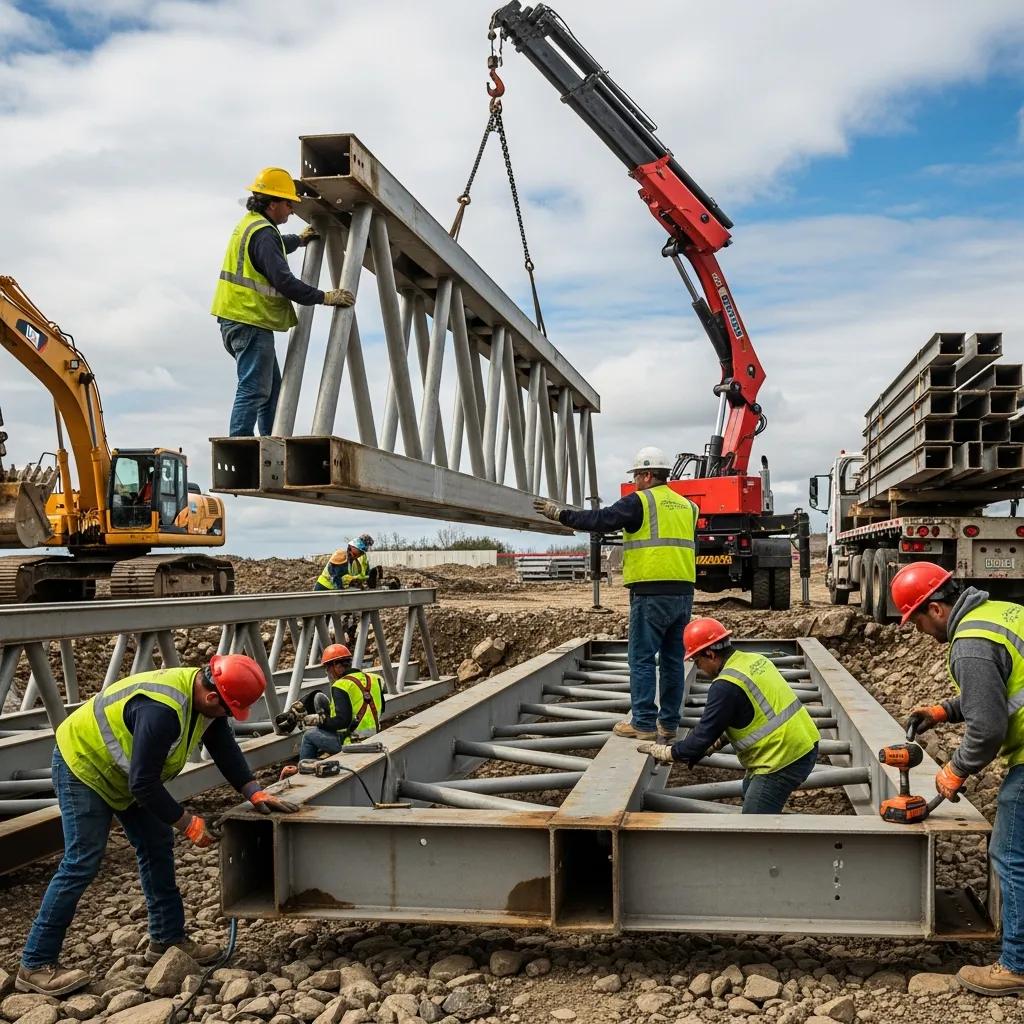 Crew assembling a prefabricated modular temporary bridge on-site to show rapid installation