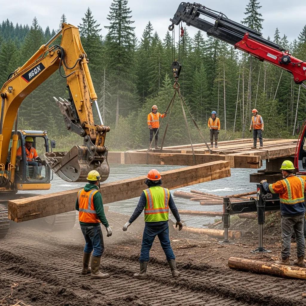 Crew assembling a temporary logging bridge on-site, demonstrating teamwork and safety procedures